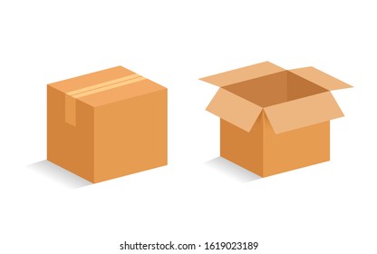 Opened and closed cardboard box. Vector illustration.