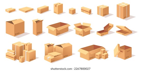 Opened and closed cardboard box. Vector illustration.