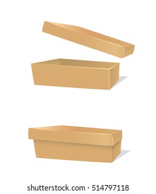 Opened and closed cardboard boxes. Cartoon style vector graphic. Isolated on white.
