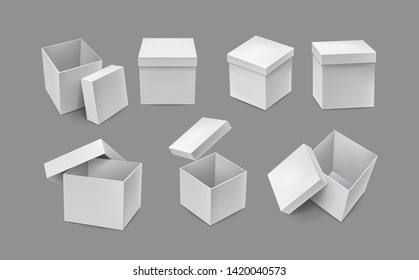 Opened and closed cardboard boxes mockups. Warehouse shipping and freight transportation. Realistic white paper boxes isolated on grey background. Blank packaging box vector illustration.