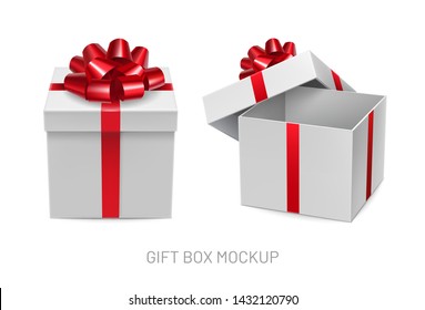 Opened and closed cardboard square boxes with sparkling red ribbon. Festive box for competition winner prize with silk tape decoration. Side view of realistic white 3d container vector illustration.