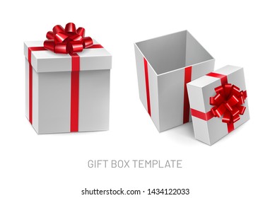 Opened and closed cardboard square boxes with sparkling red ribbon. Christmas box for competition winner prize with silk tape decoration. Side view of realistic white 3d container vector illustration.