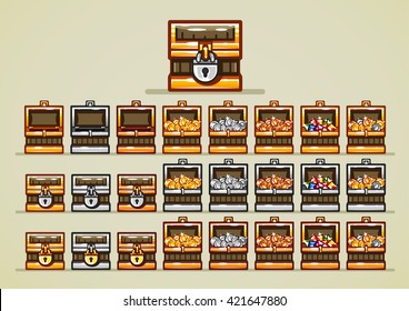 Opened and closed chests with coins and gems