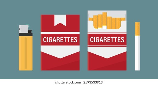 Opened and closed cigarette pack, gas lighter. Bad addiction, tobacco and nicotine product. Smoking kills, unhealthy lifestyle. Red and white pack, mockup. No smoking. flat vector illustration