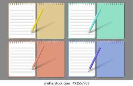 Opened and closed colorful notepad with pencil in top view. Office supplies. Vector illustration.