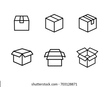 The opened, closed delivery shipping and box line icon set
