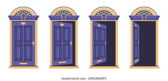 Opened and closed door. House entrance wooden door animation, apartment door in various positions flat vector illustration set. Home facade close and open doors