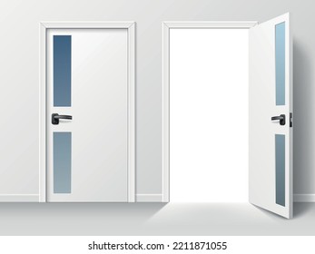 Opened and closed door. Realistic white interior door with transparent glass elements and black handles, 3d isolated home object, office entrance, exit, skirting board, utter vector concept