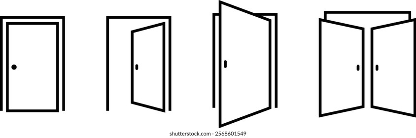 Opened and closed doors. Editable Stroke.