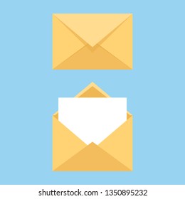 Opened and closed envelope with note paper card. Mail icon. Vector illustration.