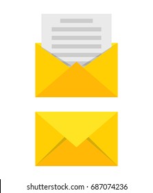 Opened and closed envelope with note paper card. Mail icon. Vector  Flat cartoon style. Vector illustration.