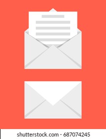 Opened and closed envelope with note paper card. Mail icon. Vector  Flat cartoon style. Vector illustration.