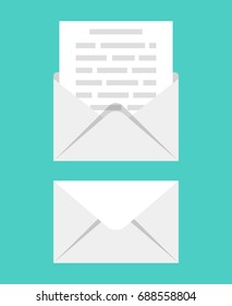 Opened and closed envelope with note paper card. Mail icon. Vector  Flat cartoon style. Vector illustration.