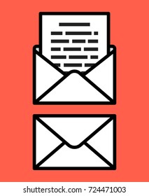 Opened and closed envelope with note paper card. Mail icon. Vector  Flat cartoon style. Vector illustration.