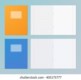 Opened and closed exercise books. Pages in square and line. Copy books. Vector illustration