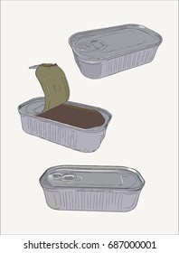 Opened and closed food tin cans, hand drawn sketch line art vector.