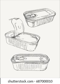 Opened and closed food tin cans, hand drawn sketch line art vector.