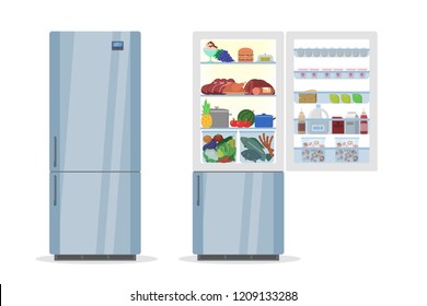 Opened And Closed Fridge Or Refrigerator With Food. Milk, Fruit And Vegetable, Alcohol Inside. Isolated Vector Flat Illustration