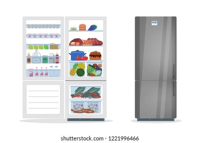 Opened and closed fridge or refrigerator with food. Milk, fruit and vegetable, alcohol inside. Isolated vector flat illustration