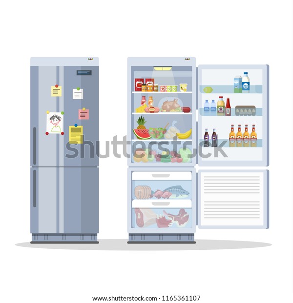 冷蔵庫や冷蔵庫を開け閉めて食べ物を入れる 中には牛乳 果物 野菜 アルコールが入っている 分離型ベクターフラットイラスト のベクター画像素材 ロイヤリティフリー