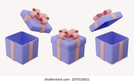 Opened and closed gift box mockup. Realistic empty present set with ribbon bow isolated. Vector 3d render illustration.