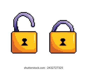 Opened and closed gold yellow padlock. Pixel art retro vintage video game bit vector illustration with simple flat cartoon art style isolated on horizontal white background.