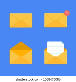 Opened and closed golden yellow envelope flat design vector illustration set. Closed, new message, empty opened, open with paper sheet text new message version isolated on blue background