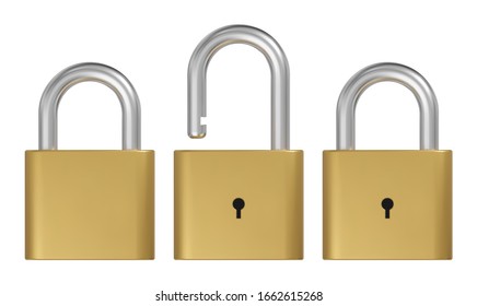 Opened and closed lock. Realistic golden padlock vector illustration