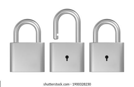 Opened and closed lock. Realistic silver metal padlock vector illustration