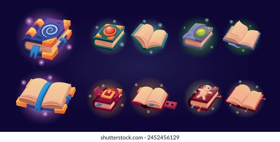 Opened and closed magic books. Witchcraft, cartoon wizard diary with ancient knowledge. Mystical fantasy book, games nowaday vector elements