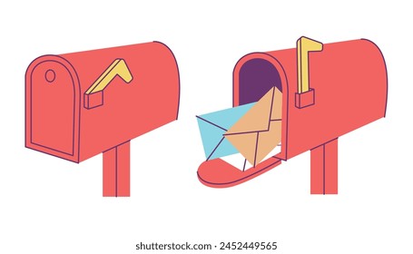 Opened closed mailbox. Street letterbox with different envelopes and letters. Postal box with open door, overflowing of mail. Flat decent vector elements