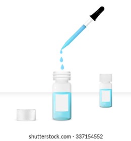 Opened and closed medical vials on table with pipette, 3d lab tools, realistic chemical vector instruments, eps 10