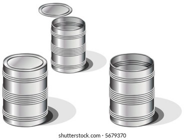 Opened and closed metallic food cans isolated over white background