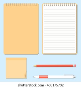 Opened and closed notepad with pencil, pen and sticky notes in top view. Ofiice supplies. Vector illustration
