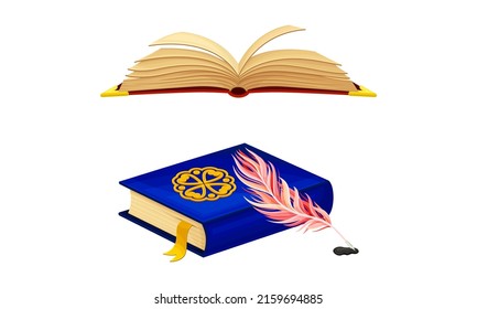 Opened and closed old books and quill pen set. Education, ancient literature and library vector illustration