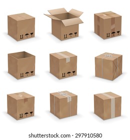 Opened and closed old, worn and new cardboard boxes. Vector illustration set