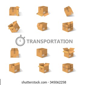 Opened and closed old, worn and new cardboard boxes. Vector illustration set