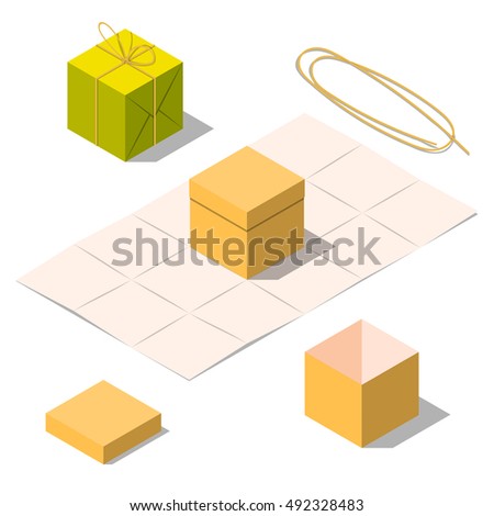 Opened and closed present and gift boxes with rope bow isolated on white background.  Gift in paper bag. Unwrapped present box. Isometric vector illustration