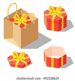 Opened and closed present and gift hexagonal shaped boxes with ribbon bow isolated on white background. Gift in paper bag. Isometric vector illustration