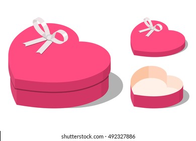 Opened and closed present and heart shaped gift boxes with ribbon bow isolated on white background. Isometric vector illustration