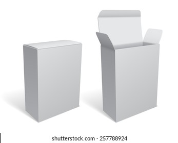 Opened and closed realistic white package box