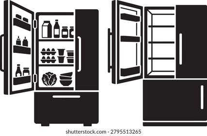 Opened and closed refrigerator icons, one full of food, other empty.