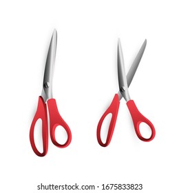 Opened and closed scissors icons with red handle on white background