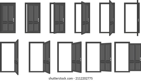 Opened and closed stages classic modern black solid doors design template. Entrance and doorways interior. House home entry symbol.