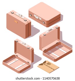 Opened and closed travel bag. Vector isometric illustration