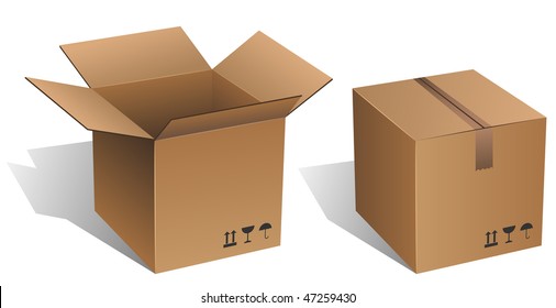 Opened and closed vector cardboard box isolated on white.