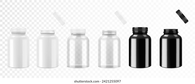 Opened and closed white and black plastic medical pill bottles, 3d realistic vector illustration. Mock Up Template set of medicine package for pills, capsule, drugs, isolated on white background