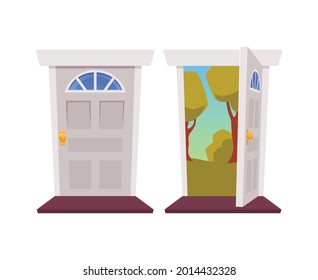 Opened and closed white cartoon doors in flat vector illustration isolated on white background. House entrance, doorway front with view summer park, sunny day, blue sky. Open and shut door.