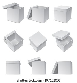 Opened and closed white paper boxes.