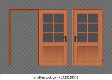 Ilustración vectorial de puerta de madera abierta y cerrada aislada 